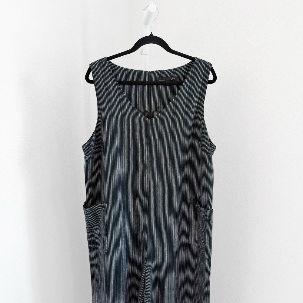 Liv By Habitat Jumpsuit Womens Large Black Striped 100% Linen Wide Leg Lagenlook - Picture 2 of 11
